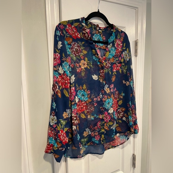 Kut From The Kloth Size MP Navy Blue Floral Sheer Long Sleeve Button Down Top - Picture 5 of 10